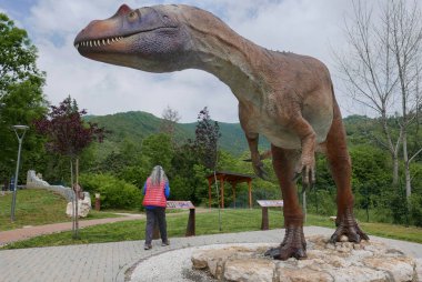 İlk Jurasik döneminde yaşamış Saltriovenator dinozorunun gerçek boyutlarda bir heykelinin yanındaki kadın.