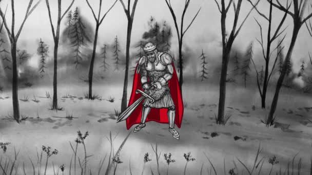Король Артур Стоїть Лісі Середньовічна Казкова Анімація — стокове відео