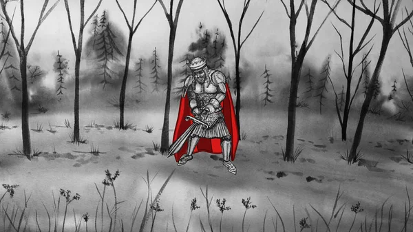 Roi Arthur Debout Dans Forêt Médiévale Conte Fées Illustration — Photo