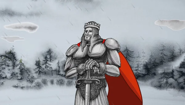 King Arthur Standing Stormy Weather Medieval Fairytale Illustration — Stock Photo, Image