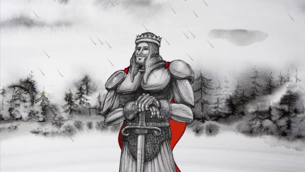 Król Artur Stojący Deszczu Średniowieczna Animacja Baśniowa — Wideo stockowe