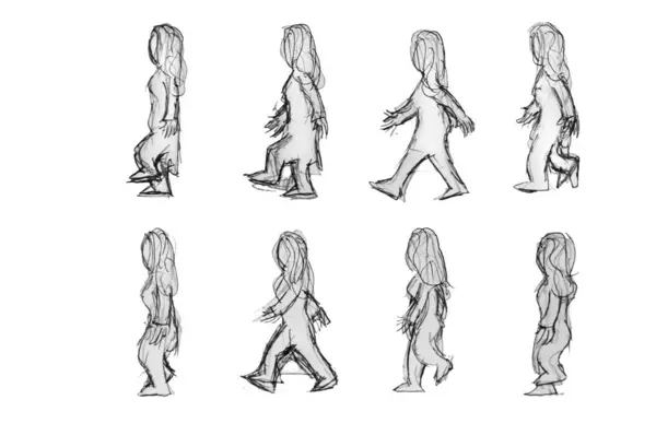 Walking Cycle Mature Woman Sketch — Stock Photo, Image