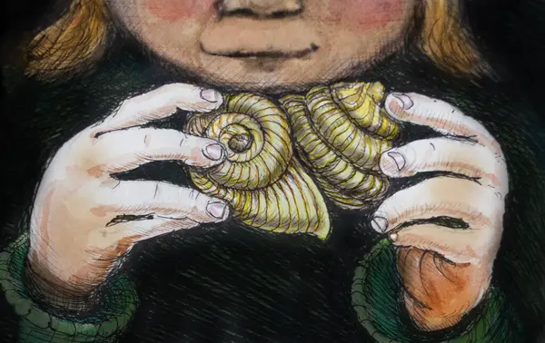 Mała Dziewczynka Bawi Się Muszli Morskich Akwarela Ilustracja — Zdjęcie stockowe