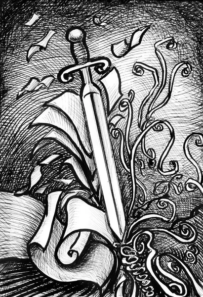 Ink drawing illustration of a sword splitting paper