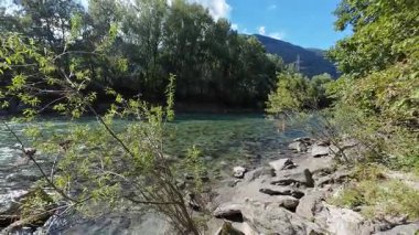 Ticino River near Bellinzona, in southern part of Switzerland, panning camera 