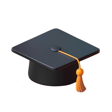 Mezuniyet şapkası ve akademik başarının diploma sembolü, beyaz arkaplanda 3D simge