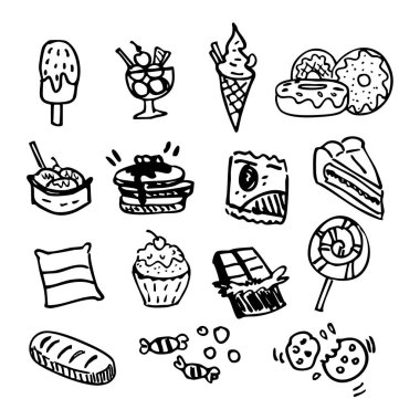 El yapımı tatlı ve atıştırmalıklar. Resim olarak kullanılacak siyah ve beyaz vektör illüstrasyonu.