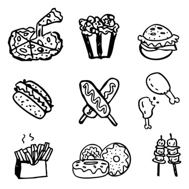Çeşitli el çizgileri olan bir fast food koleksiyonu..