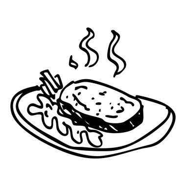 Tabakta sebzelerle servis edilen ızgara bifteğin el çizimi. Siyah ve beyaz vektör biçimi.