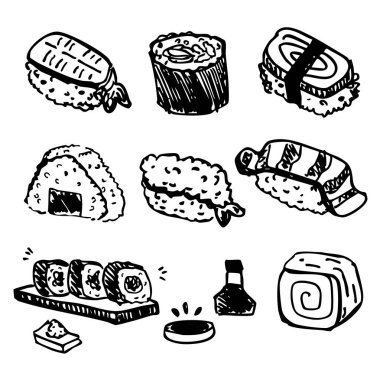 El çizimi Japon suşi çizimleri. Resim veya dekoratif elementler için siyah ve beyaz vektör biçimi.