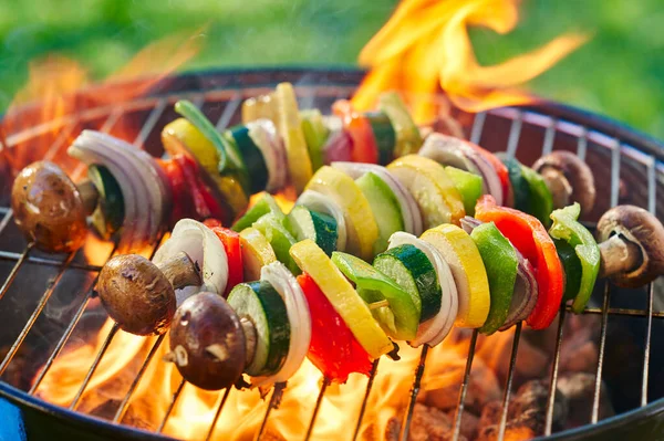 Vegan Barbecue Skewers Grilling Charcoal Grill — Stock Photo, Image