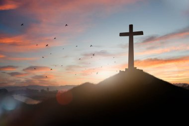 Bulanık gün batımı arkaplanında çapraz