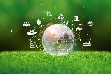 Glass globe in green forest with the icon environment of ESG, co2, circular company, and net zero. Technology Environment, Organization Sustainable development environmental. clipart