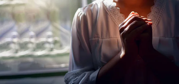 Stock image Woman hands praying and thankful. love and care, spray or visualize. Religion, faith concept.