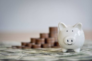 Para tasarrufu kavramları Piggy Bank sembolü ile ahşap masa üzerinde madeni paralar