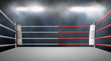 Spot ışıklarıyla aydınlatılmış boks ringi. - Resim.