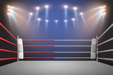 Spot ışıklarıyla aydınlatılmış boks ringi. - Resim.