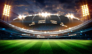 Gece ve stadyumdaki ışıklar, parlak ışıklı futbol stadyumu, spor arka planı.