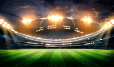 Gece ve stadyumdaki ışıklar, parlak ışıklı futbol stadyumu, spor arka planı.