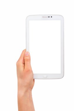 Elinde tablet tutan kız, beyaz ekranlı bilgisayar, izole edilmiş.