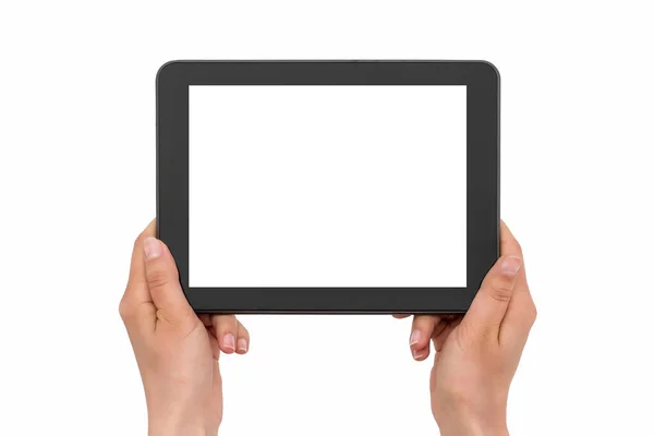 Handhaltender Tablet Mit Berührender Hand Isoliert Auf Weiß Stockfoto