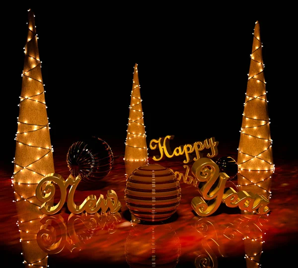 Ευτυχισμένο Νέο Έτος Χρυσό Κείμενο Χριστουγεννιάτικα Δέντρα Σκούρο Φόντο Απόδοση — Φωτογραφία Αρχείου