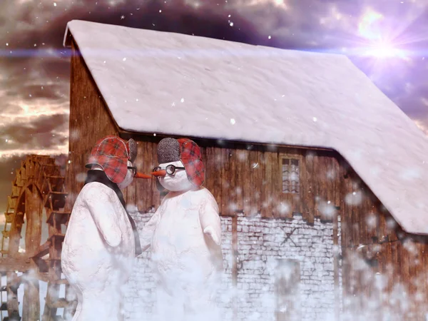 Zwei Weihnachtsschneemänner Feiern Weihnachten Der Nähe Eines Schönen Dorfhauses Darstellung — Stockfoto