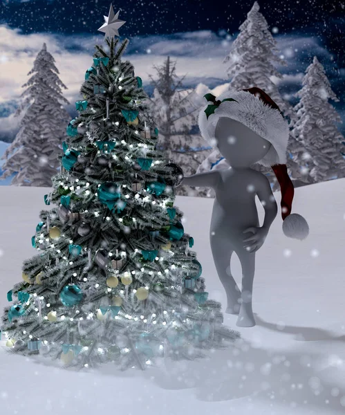 3D漫画のキャラクターでサンタクロースの服は森の中のクリスマスの背景の上に 3Dレンダリング — ストック写真