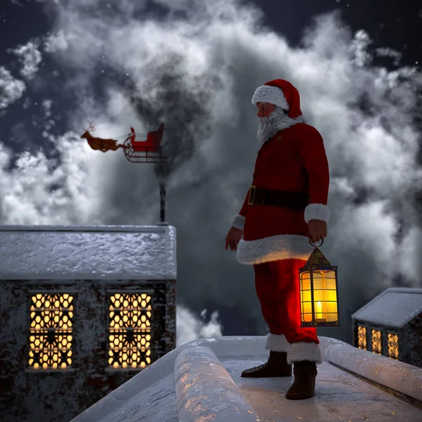 Papai Noel Andando Telhado Chaminés Noite Natal Com Luar Trenó — Fotografia de Stock