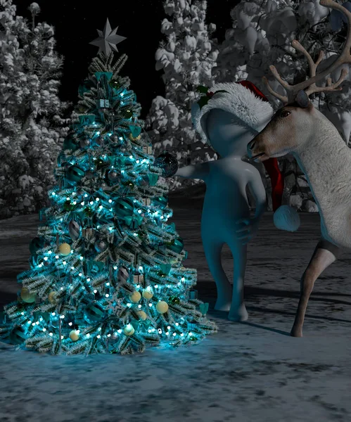 Мультяшный Персонаж Одежде Санта Клауса Фоне Рождественской Ночи Лесу Рендеринг — стоковое фото