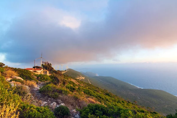 Zonsondergang Sint Nicolaaskerk Berg Bij Pylos Messinia Griekenland — Stockfoto