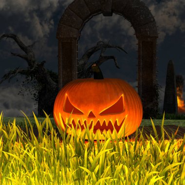 Halloween pumpkin smile and scary eyes at night. Close-up view of scary Halloween pumpkin. 3d rendering.