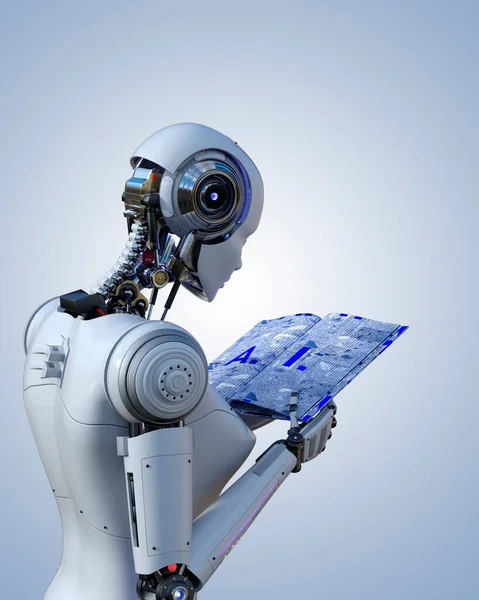 Kvinnlig Robot Läser Bok Artificiell Intelligens Blå Bakgrund Konvertering — Stockfoto