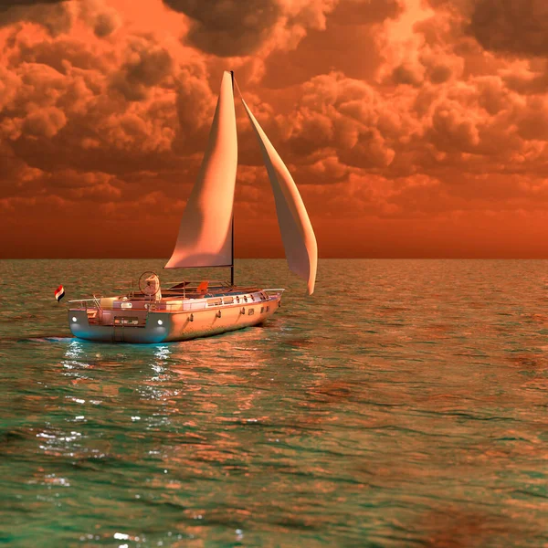 Plachetnice Moři Při Západu Slunce Vykreslování — Stock fotografie