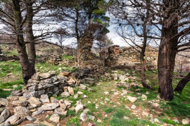 Yunanistan 'ın Attica kentindeki Penteli Dağı' nda gizlenmiş Frankish Kilisesi kalıntıları. Kilise, taşçılıkla kesişmiş olmalı..
