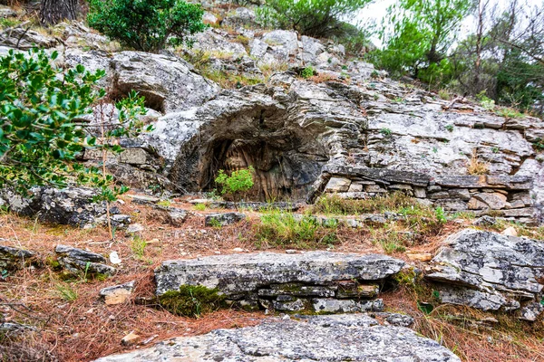 冬天在彭泰利山上的岩石 石头和植物 彭泰利是一座山 位于雅典以北18公里 为建造帕台农神庙提供了石料 — 图库照片