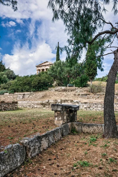 Távoli Kilátás Templom Héphaisztosz Ókori Agora Athén Görögország Héphaisztosz Temploma — Stock Fotó