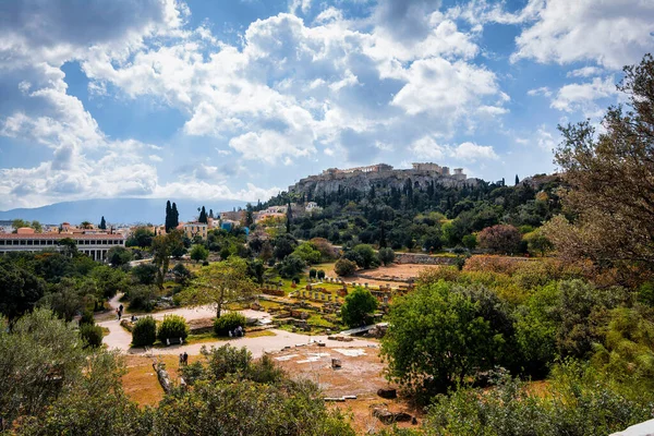 Pohled Acropolis Starověké Agory Atény Řecko Zatažený Den Troskami Klasické — Stock fotografie