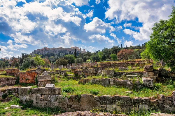 Άποψη Της Ακρόπολης Από Την Αρχαία Αγορά Αθήνα Μια Συννεφιασμένη — Φωτογραφία Αρχείου