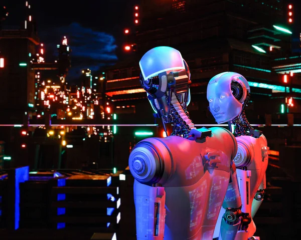 Kobiece Męskie Roboty Patrzą Siebie Tle Nocnych Świateł Miasta Renderowanie — Zdjęcie stockowe
