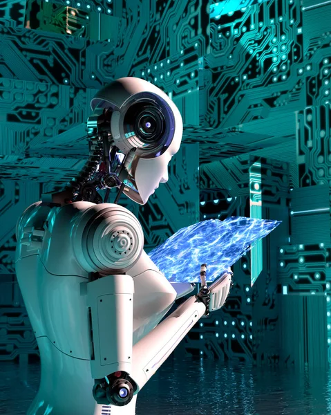 一个在电子电路背景下看书的女机器人 3D渲染 — 图库照片