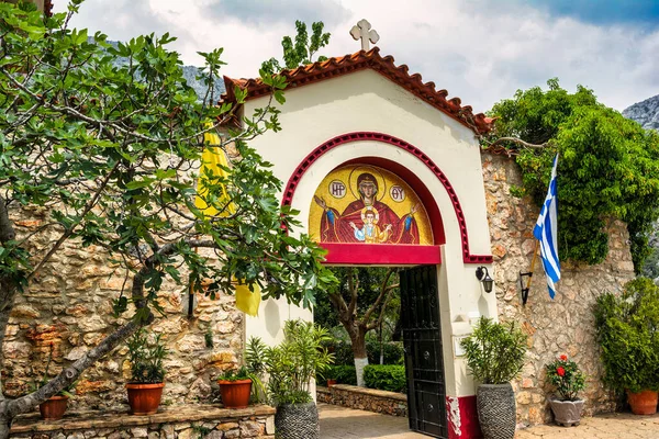 Widok Grecki Klasztor Prawosławny Moni Koimiseos Theotokou Kliston Lub Wniebowzięcie — Zdjęcie stockowe