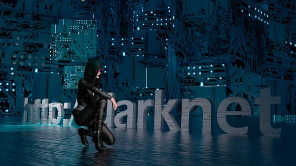Darknet Text Words Dark Background Electronic Circuits Woman Black Rendering — Stock Photo, Image
