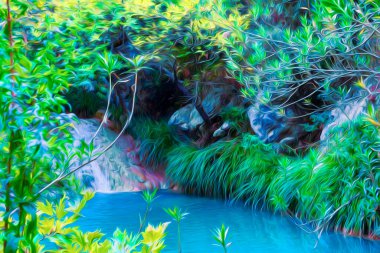 Ormanda ağaçlı küçük bir göl. Dijital resim çizimi sanatı.