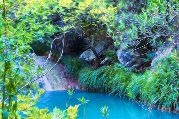 Małe Jezioro Lesie Drzewami Cyfrowy Obraz Ilustracja Sztuka — Zdjęcie stockowe