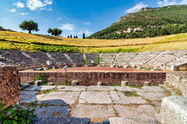 Ruins of the theater in the Ancient Messene, Peloponnese, Greece. One of the best-preserved ancient cities in Greece.