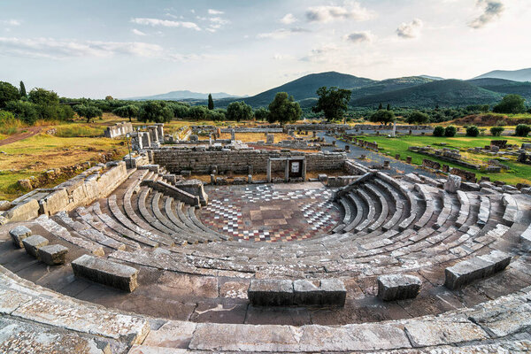 Theater-like construction in Ancient Messene, Messinia Prefecture, Peloponnese, Greece. Ancient Messini was founded in 371 BC after the Theban general Epaminondas defeated Sparta at the Battle of Leuctra, freeing the Messinians from almost 350 years 