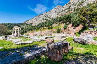 Athena Pronaia Tholos 'unun kalıntıları Delphi sahasında. Delphi Tholos 'u, Delphi' deki Athena Pronaia Mabedi 'nin antik yapılarından biridir..