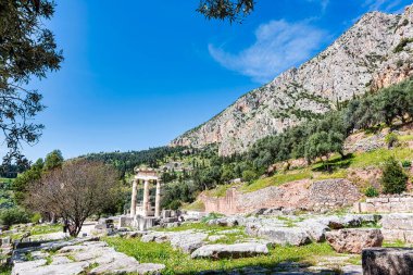 Athena Pronaia Tholos 'unun kalıntıları Delphi sahasında. Delphi Tholos 'u, Delphi' deki Athena Pronaia Mabedi 'nin antik yapılarından biridir..