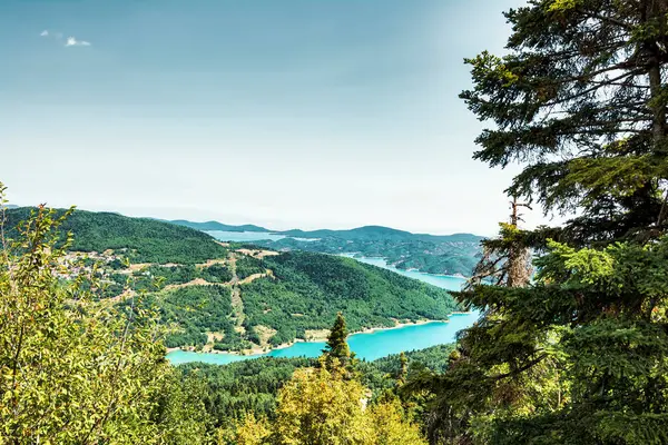 Stock image Idyllic landscape on the lake of Plastiras in central Greece. Lake Plastiras is an artificial lake fed by Tavropos river, located in Karditsa regional unit, near the city of Karditsa, Greece.